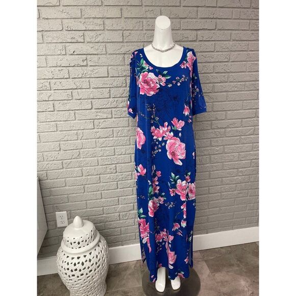 G.I.L.I Women Blue Floral Side Slit Maxi T-Shirt Dress Size L - Picture 2 of 10